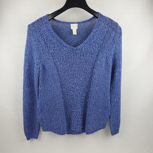 Chicos Women Sequin Shine Samantha Sweater Blue Chicos 1=Medium Cotton 570159306